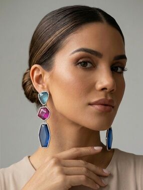 Statement Multi-Stone Drop Earrings in Blue, Pink & Teal - Glass stones
